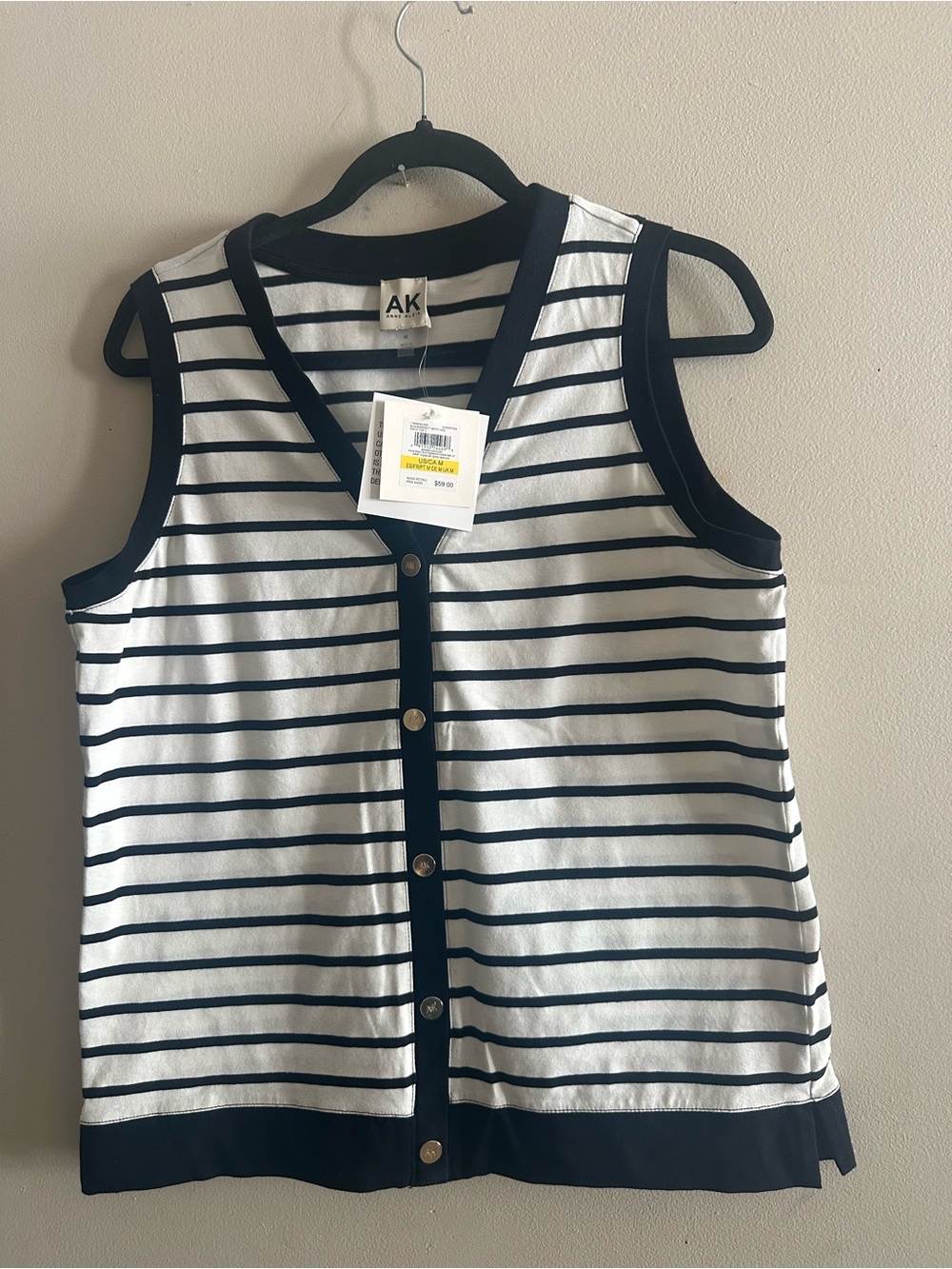 Anne Klein White and Black Striped Sleeveless Button-Front Top